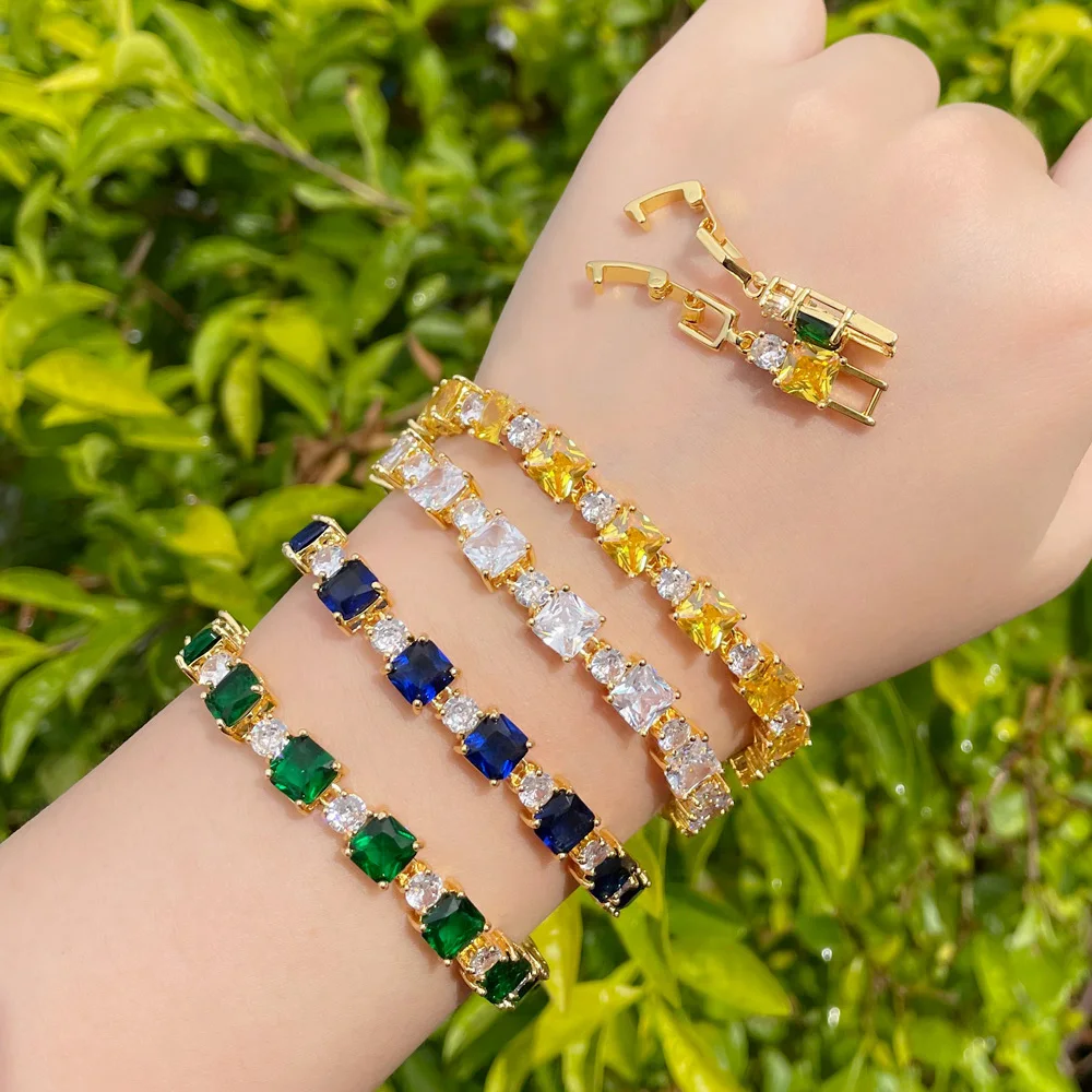 CWWZircons Trendy Yellow Green Blue Cubic Zircon Crystal Gold Color Square Tennis Bracelet for Women Wedding Party Jewelry S0181