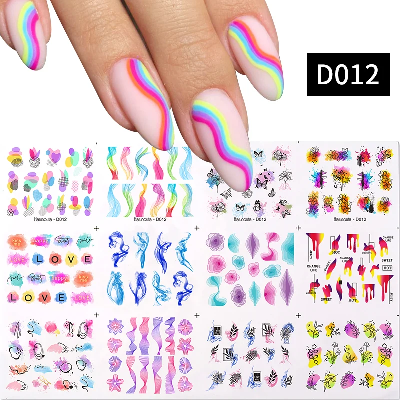 French Tips Stickers Black Geometric Lines Water Transfer Nail Decals Colorful Heart Letters Sliders Full Cover Nail Wraps