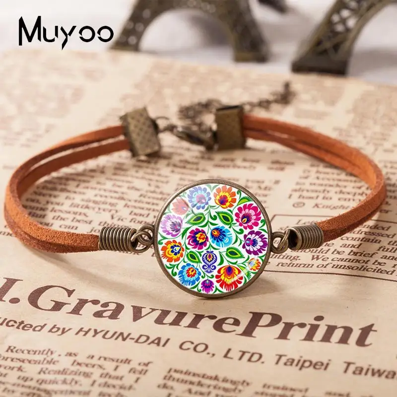 2019 New Polish Folk Art Patterns Leather Bracelet Flowers Painting Bracelets Glass Dome Cabochon Jewelry