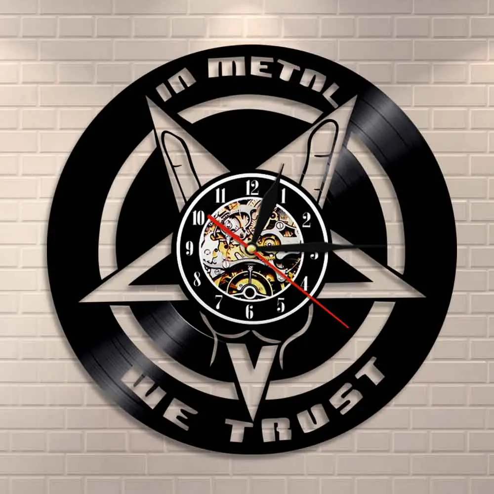 In Metal We Trust Music Quote Vinyl Record Wall Clock Heavy Metal Wall Clock Personality Wall Art Decor Gift For Music Lover