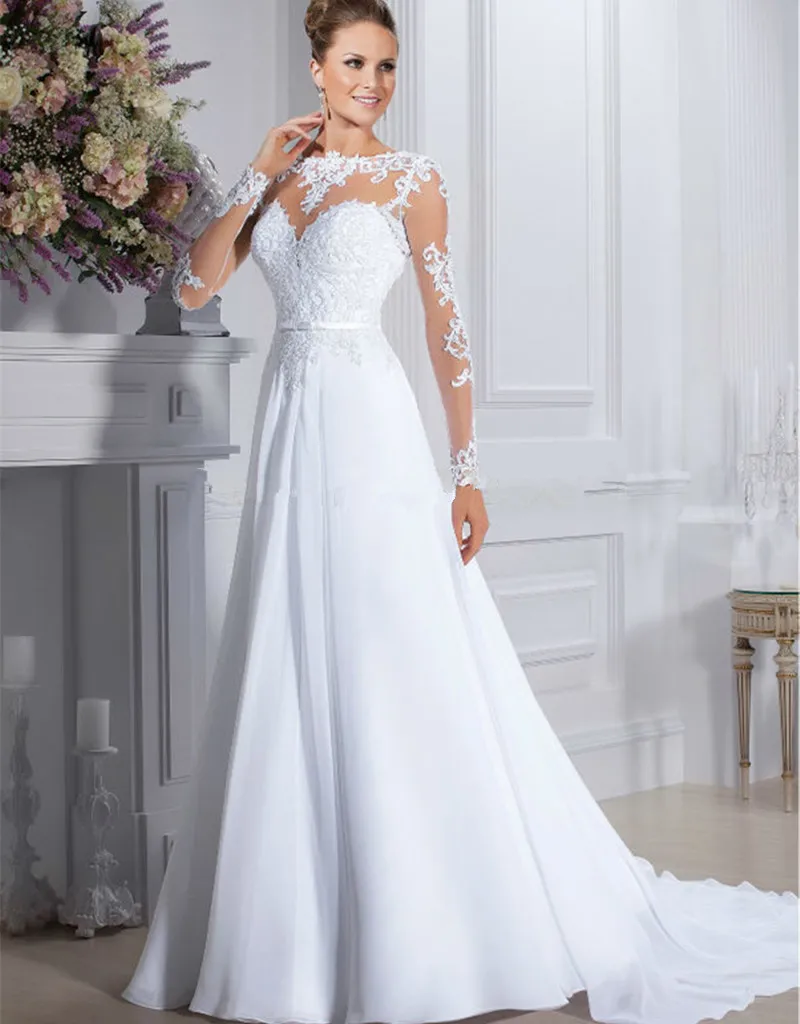 Hohe Qualität Sheer Neck Langarm brautkleid A-linie Mit Schärpe Kapelle Zug Vestido De Noiva lowime Bespoke Hochzeit Kleider