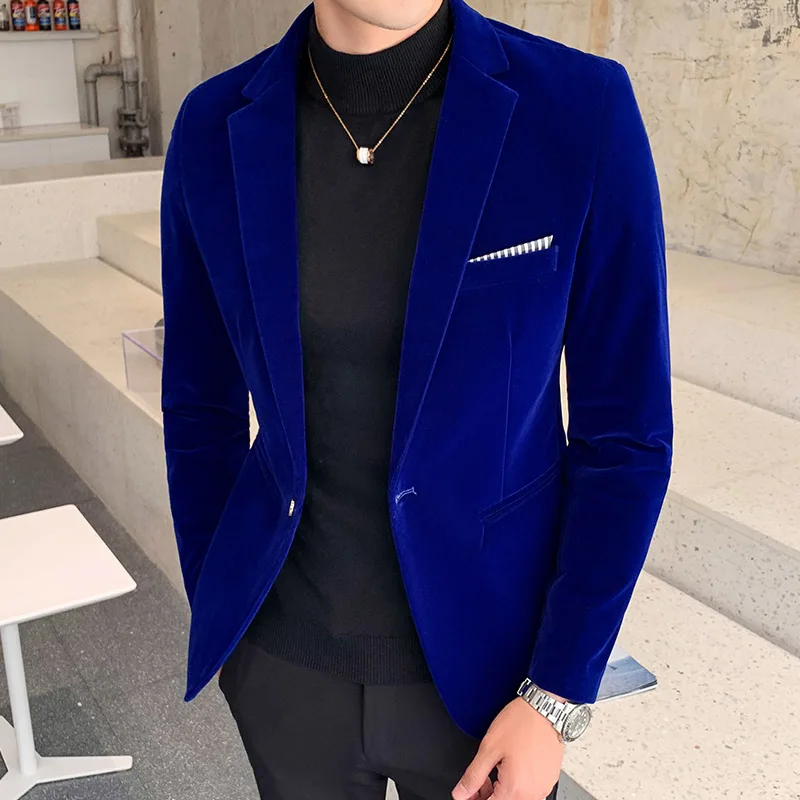 Fall Winter Gold Velvet Blazer High Quality Slim Fit Suit Jacket Fashion Casual Men Groom Singer Costume Formal Evening Dress