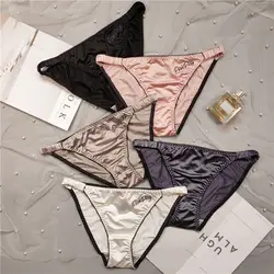 1pc Sexy Thongs Women Glossy Underwear Panty Low Waist Solid Color Satin Fabric Briefs Embroidery Fitness Sports Underpants