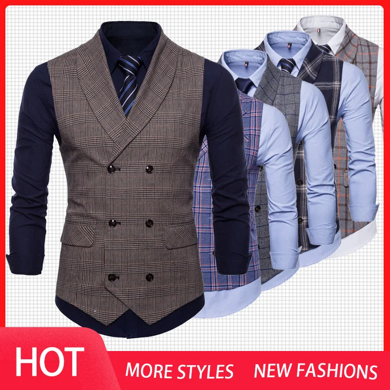 New 2020 Tweed Suit Men Vest Plaid Sleeveless Jacket Vests for Men Waistcoat Vintage Men\'s vest with Lapel gilet homme costume