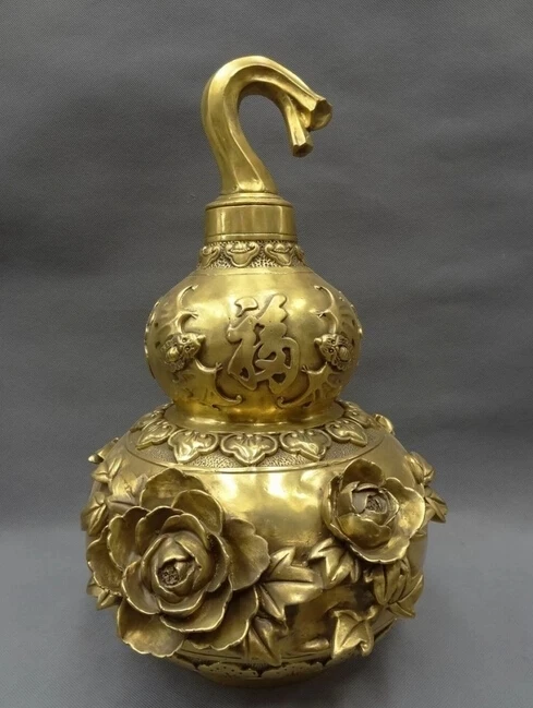 wholesale factory 18" Chinese Brass Buddhism FengShui Flower Fu Gui Gourd Statue BAT Sculpture