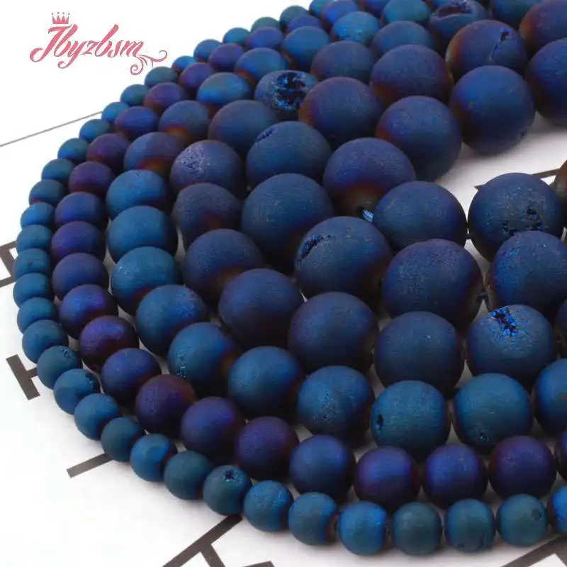 8,10,12,14mm Round Beads Blue Metallic Coated Druzy Agates Stone Beads For Necklace Bracelet Jewelry Making 15\