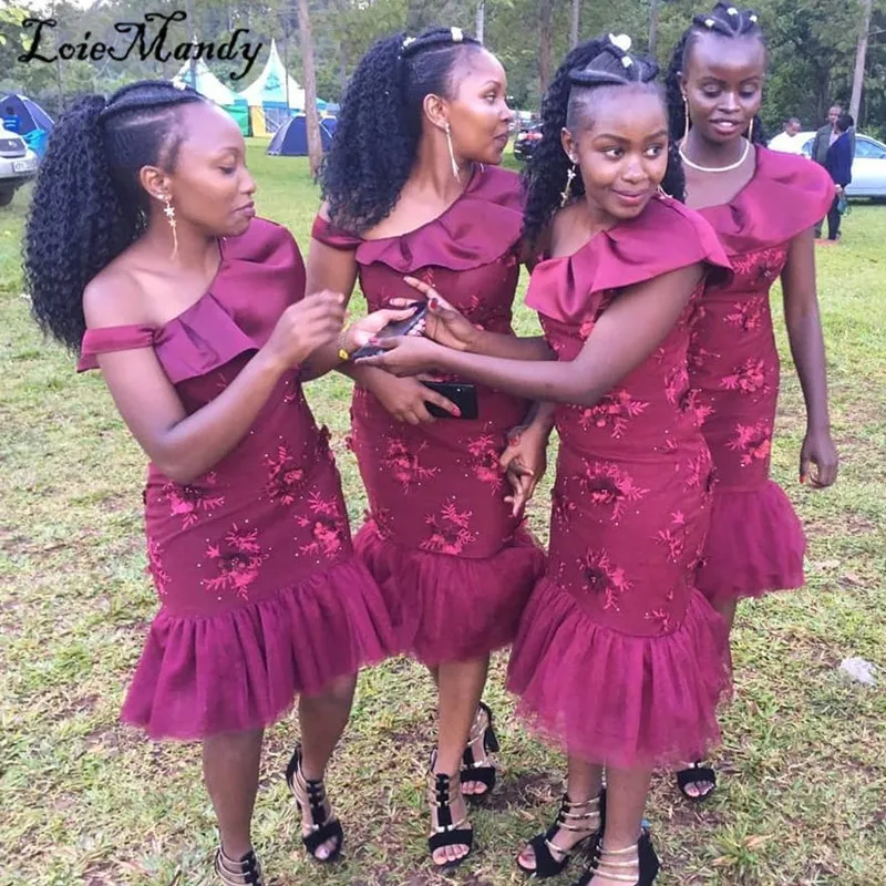 Short Mermaid Bridesmaid Dresses 2021 Purple Applique Lace African Wedding Guest Dress Cheap Plus Size Vestido madrinha