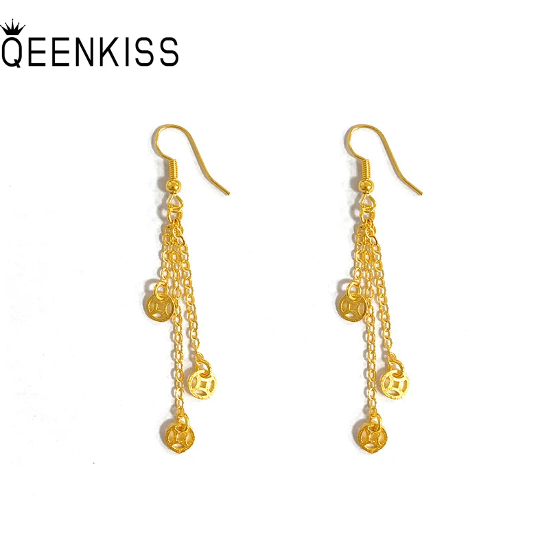 

QEENKISS 24KT Gold Coin Tassel Drop Earrings For Women Fine Wholesale Jewelry Wedding Party Bride Ladies Girl Mother Gift EG574