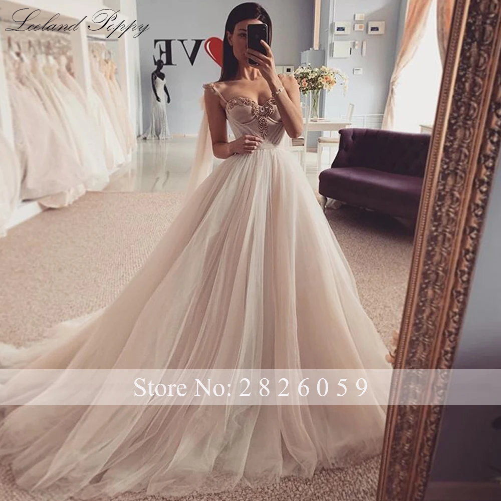 Lceland Poppy Customized A-line Tulle Wedding Dresses Pearls Beaded Floor Length Sleeveless Bridal Gowns with Sashes