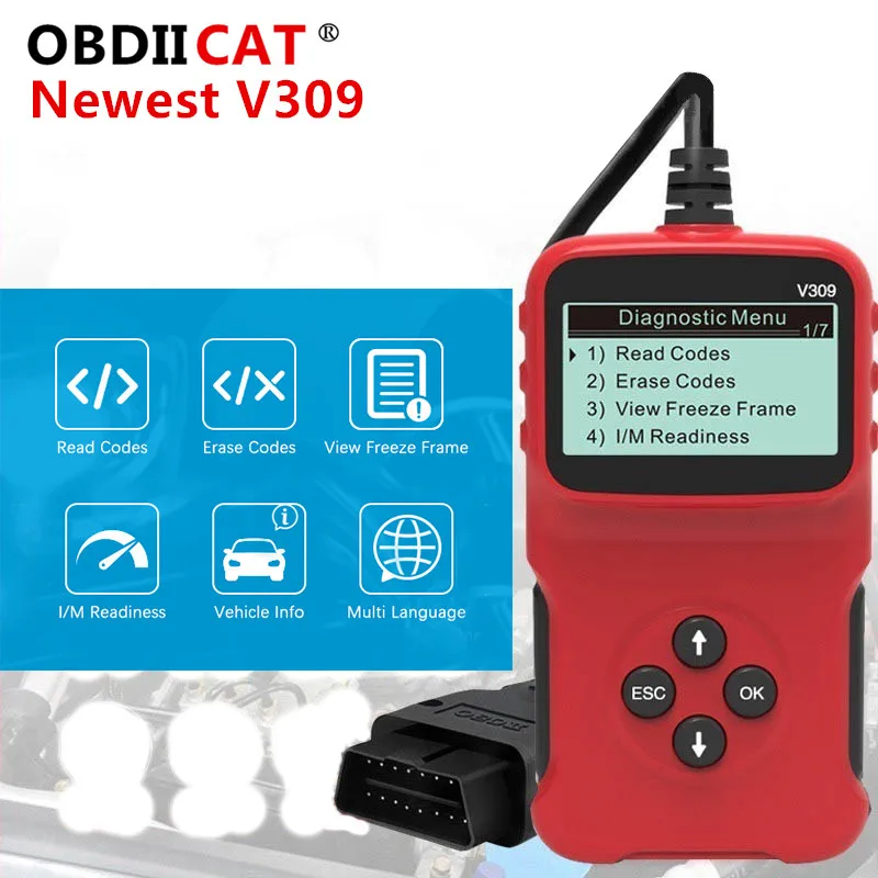 

V309 OBD2 Scanner Auto Car Diagnostic Tool Handheld Car Diagnostic Repair Tool Automotive Erase/Reset Fault Codes Reader