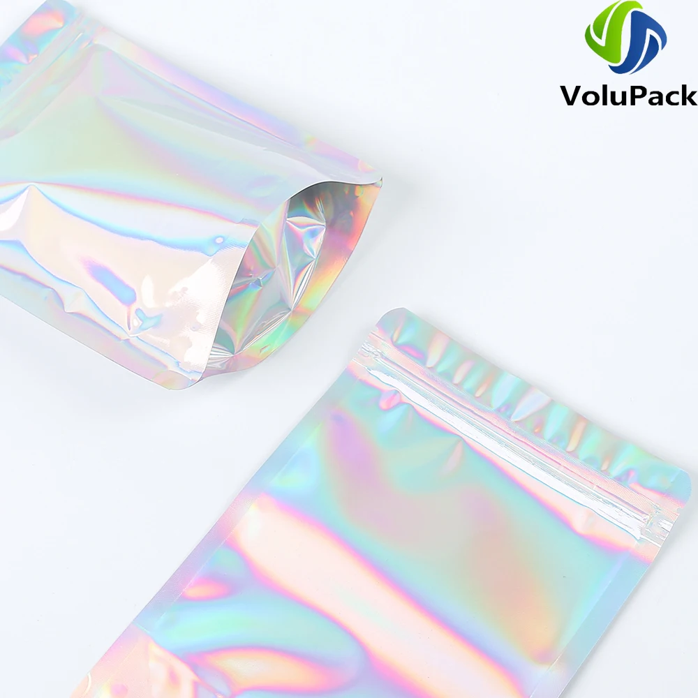 Eco Smell Proof Kitchen Packaging Bags Stand Up Holographic Silver Zipper Clip Pouches Reusable Aluminum Foil Mylar Storage Bags