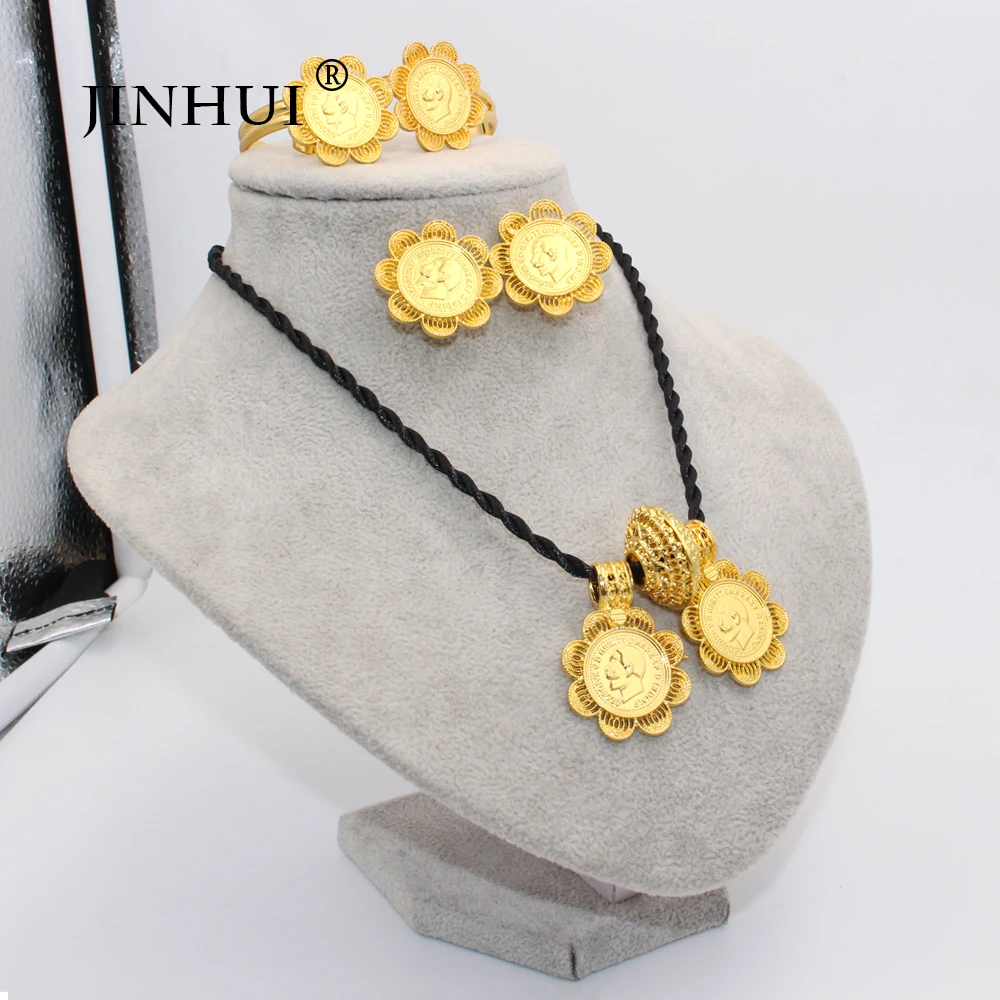 Ethiopian gold color jewelry sets Coin Pendant Necklace Earring Ring for women African wedding bridal gifts