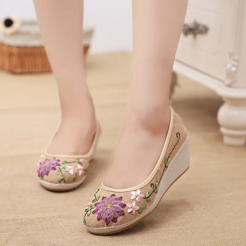 Veowalk Retro Style Women\'s Linen Wedge Pumps Mid Heels Ladies Casual Embroidered Shoes Comfort Slip-on Platforms Zapatos Mujer