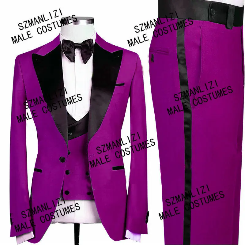 Handsome Red Mens Wedding Suits Black Peaked Collar Men\'s Tuxedo 3 Pieces Groom Terno Party Suits For Men (Jacket+Vest+Pants)