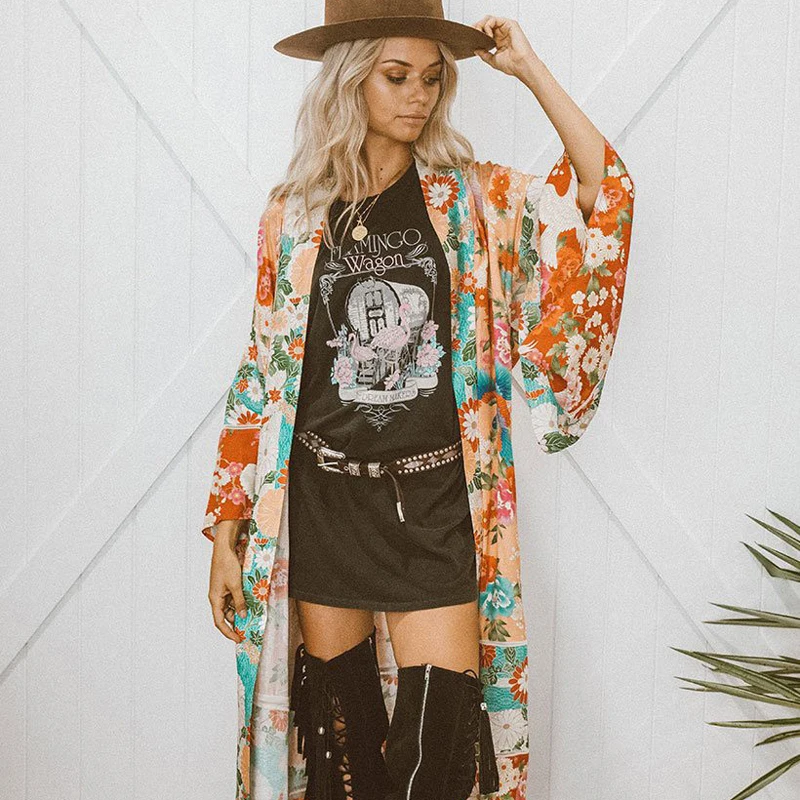 Casaco kimono estilo japonês, casaco longo de chiffon com estampa floral, para o verão