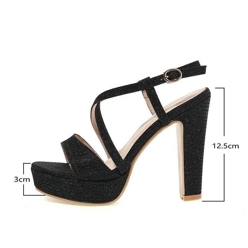 2021 Women Sandals Platform Square High Heel Women Shoes Fashion Buckle Dress Woman\'s Shoes PU Leather Black Gold Sliver