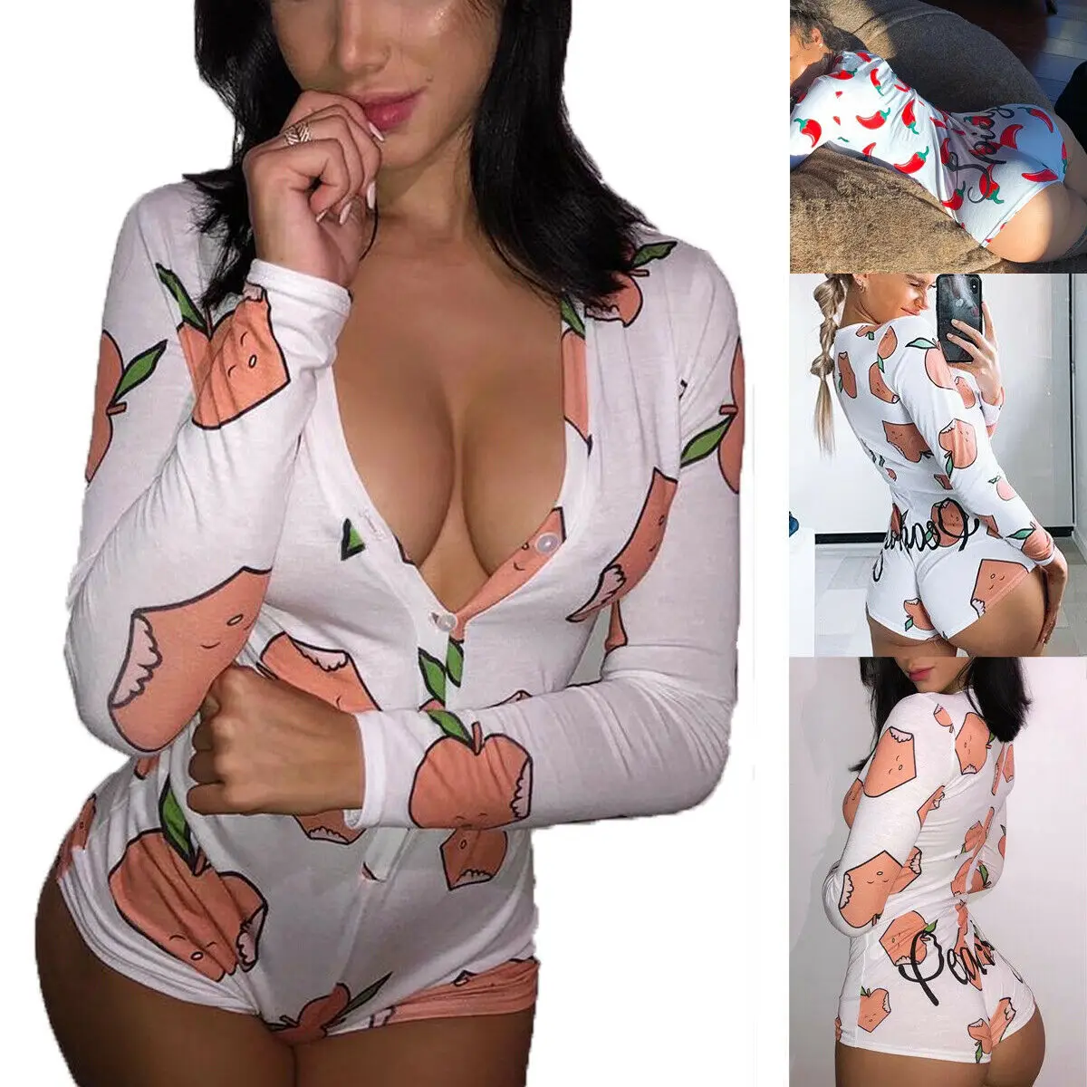 Summer New Hot Sale Women\'s Printed one-piece home Clothing Jumpsuit V Neck Sexy Leotard Romper Chili And Peach Print Bodysuit