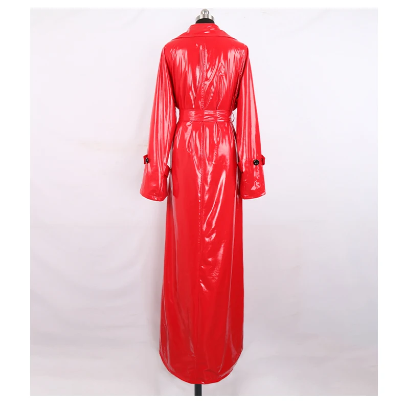 Nerazzurri Autumn Extra Long Soft Red Reflective Shiny Patent Leather Trench Coat for Women Double Breasted Maxi Korean Fashion