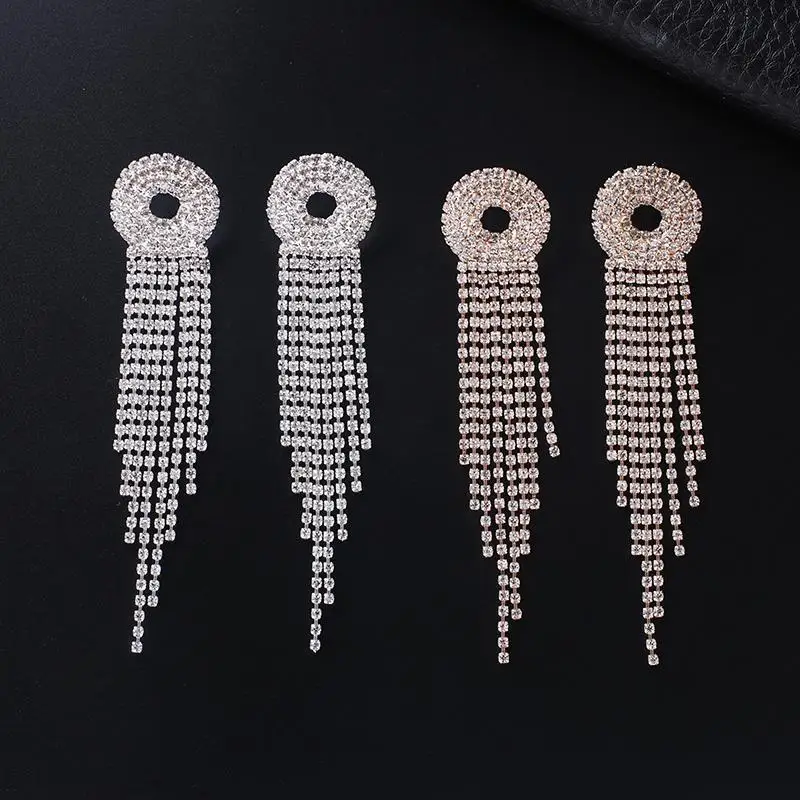 Rhinestone circel Drop Earrings for Women Shiny Long Tassel Dangle Earrings Statement Earrings Bar Party Jewelry E715