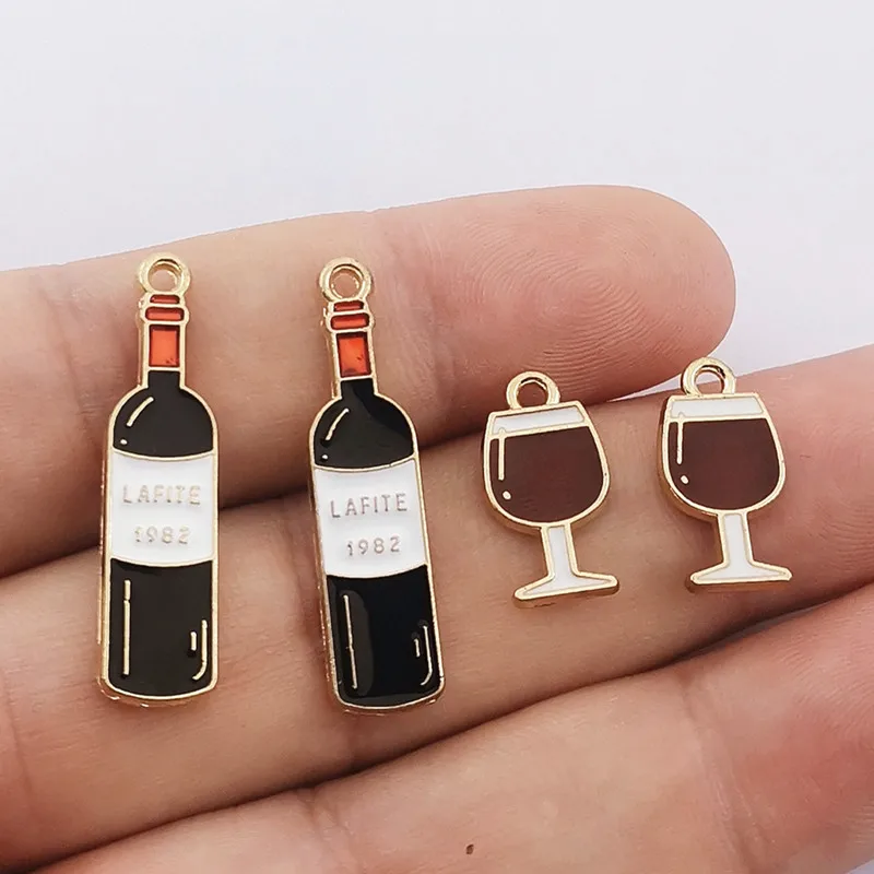 JINDINSP 10pcs Enamel Wine bottle wine glass goblet Charms Metal Pendant Golden Color Earring DIY Fashion Jewelry Accessories