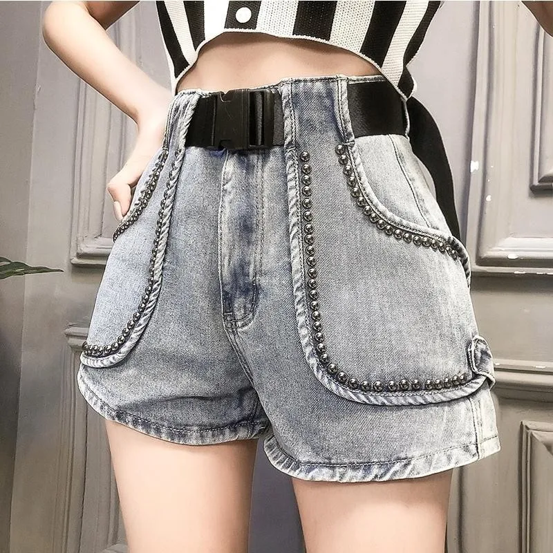 Women\'s High Waist Thin Denim Shorts, Wide Leg Pants, Pearl Decoration, Lady Short, Large Size, Fashion Trend, New, 2023