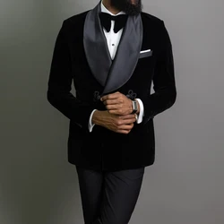 Double Breasted Groom Tuxedo for Wedding Black Velvet Men Suits 2 Piece Tailor Made African Male Fashion Blazer with Pants