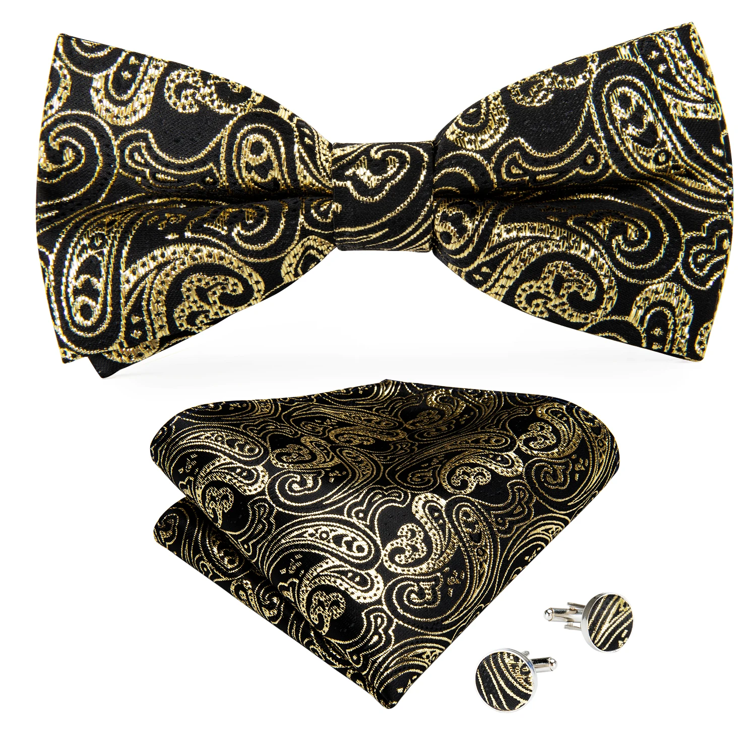 Herren-Fliege 3-teiliges Set Schwarz-Gold Blumenmuster Vorgebundene Fliege Manschettenknöpfe Einstecktuch-Set für Hochzeit Party Herren-Krawatte – Detail 7