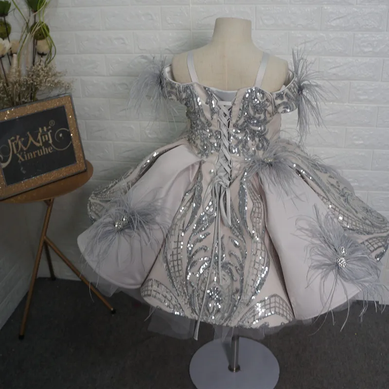 New Silver Embroidery Baby Girls Dresses Satin Feather Infant Kids Clothes Children Birthday Party Dress 1 2 4 8 12T