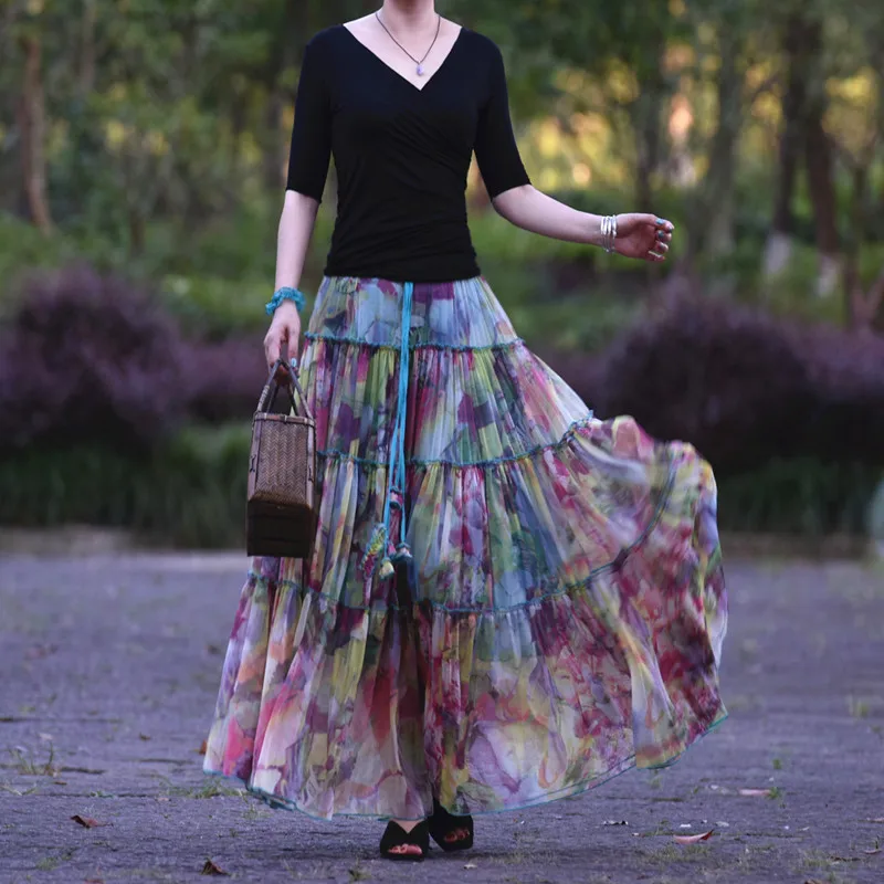 Gratis Verzending 2023 Fashion Lange Chiffon Rok Bloemen Gedrukt Maxi Boho Rokken Voor Vrouwen Plus Size Bohemian Rokken S-2XL Zomer