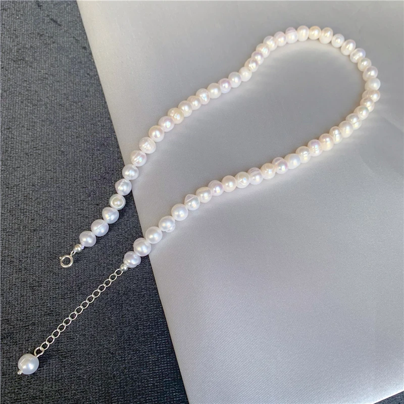 Genuine Silver Pearl Necklace 6-7mm Natural Freshwater Pearl Choker Necklace For Women Jewelry 2021 Trend Gifts