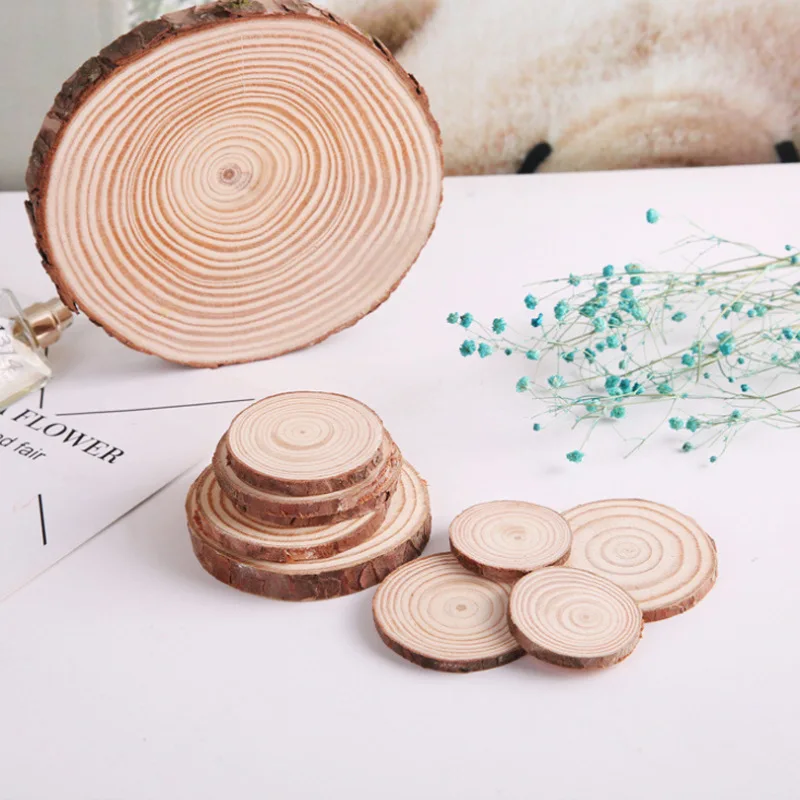 2-16cm Thickness 0.5-1.5 cm Natural Pine Round Wood Slices  With Tree Bark Log Discs DIY Crafts Christmas Party Painting