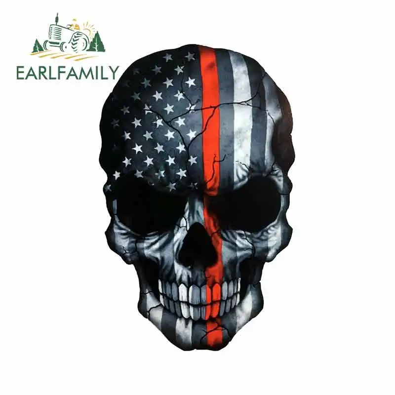 

EARLFAMILY 13 см x 8,3 см для черепа, американский флаг, тонкая красная линия, отличная наклейка, забавные граффити, автомобильные наклейки, украшение фургона