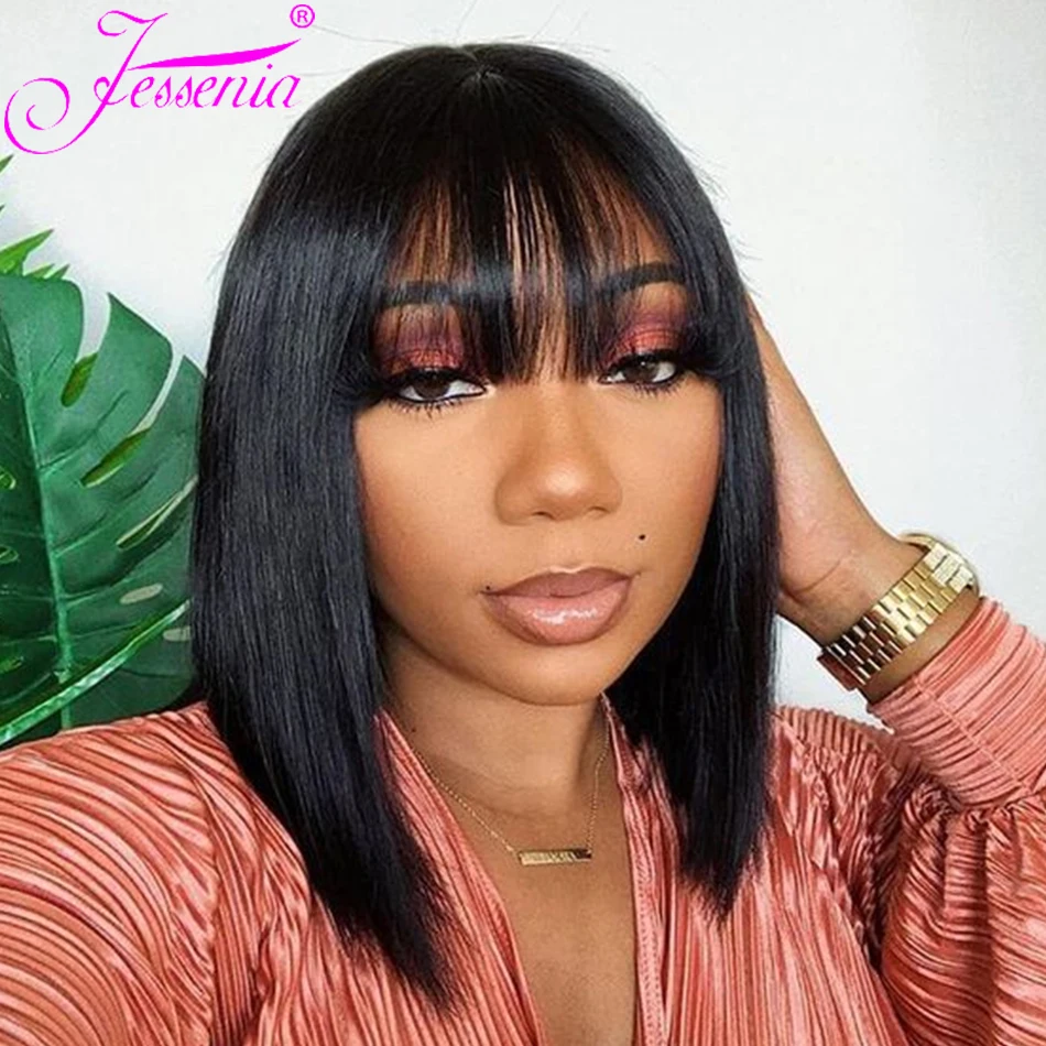 

Short Bob Wig With Bangs100% Human Hair Wig With Bangs Straight Brazilian Hair Wig For Black Women Perruque Cheap Human Hair Wig