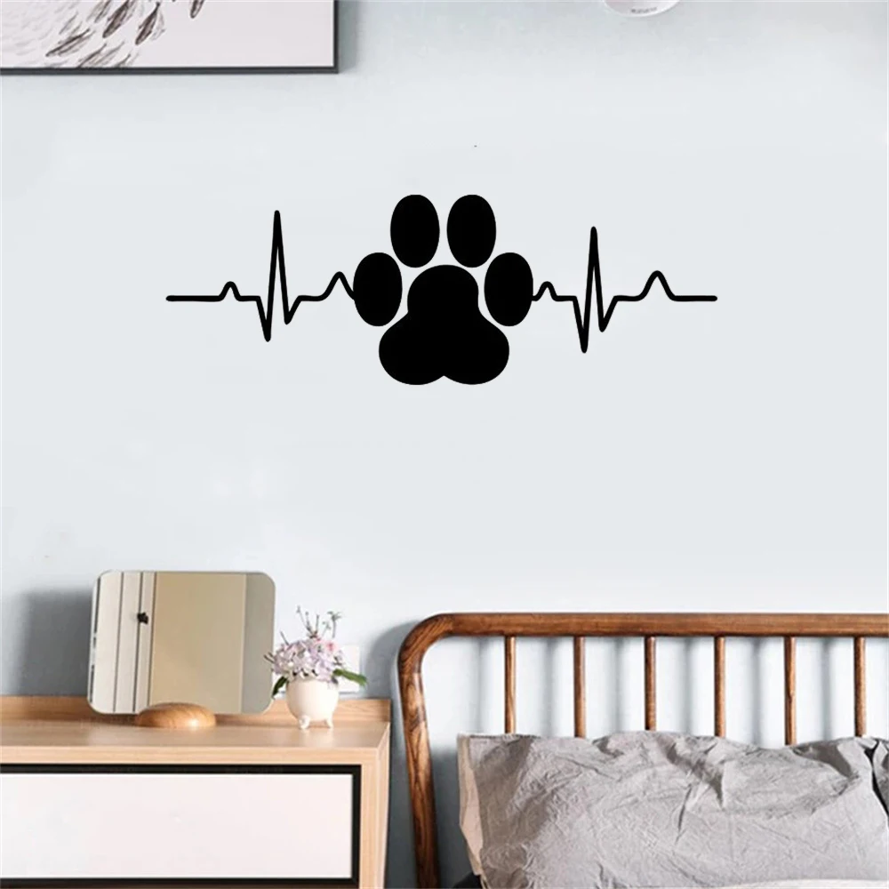 Dog Paw Print Heartbeat Vinyl Art Home Decor Wall Stickers Pet Shop Veterinary Window Decals Removable Murals Wallpaper