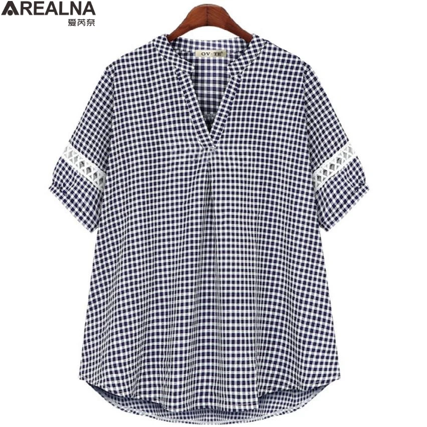 Casual Loose Women Shirts 2022 summer Fashion V-neck hollow plaid Blouse vintage blouses femme Tops Streetwear L-4XL