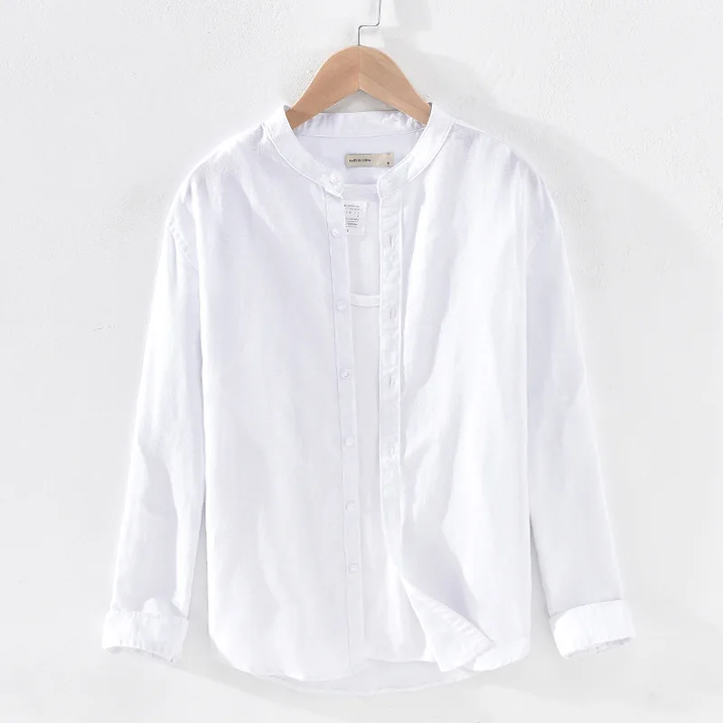 

Top Quality Classic Solid Mandarin Collar Shirts Men Long-sleeved Casual Cotton Linen Business Dress Shirt Male Camisas TS-594