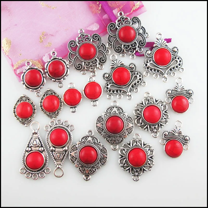 10mm Round Red Turquoise Stone Charms Connectors Teardrop Flower Eye Heart Tibetan Silver Plated Pendant Retro