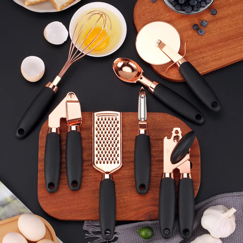 

7pcs Set Of Kitchen Tools Can Opener Egg Beater Garlic Press Ice Cream Spoon Stainless Steel Set Utensils Kitchen Accessories