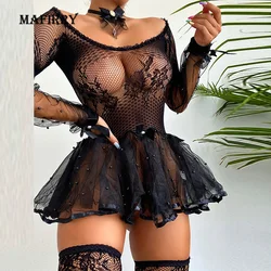 Robe de Nuit en Dentelle et Maille Ajourée pour Femme, Sous-Vêtement à la Mode, Sexy, Crochet, pour Patients Noirs, Été