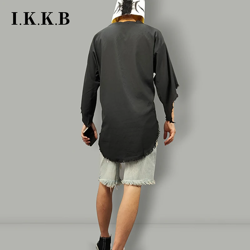 Ikkb fashion original designer hemp tattered edge personality short-sleeved t-shirt stylist medium-long Bat shirt