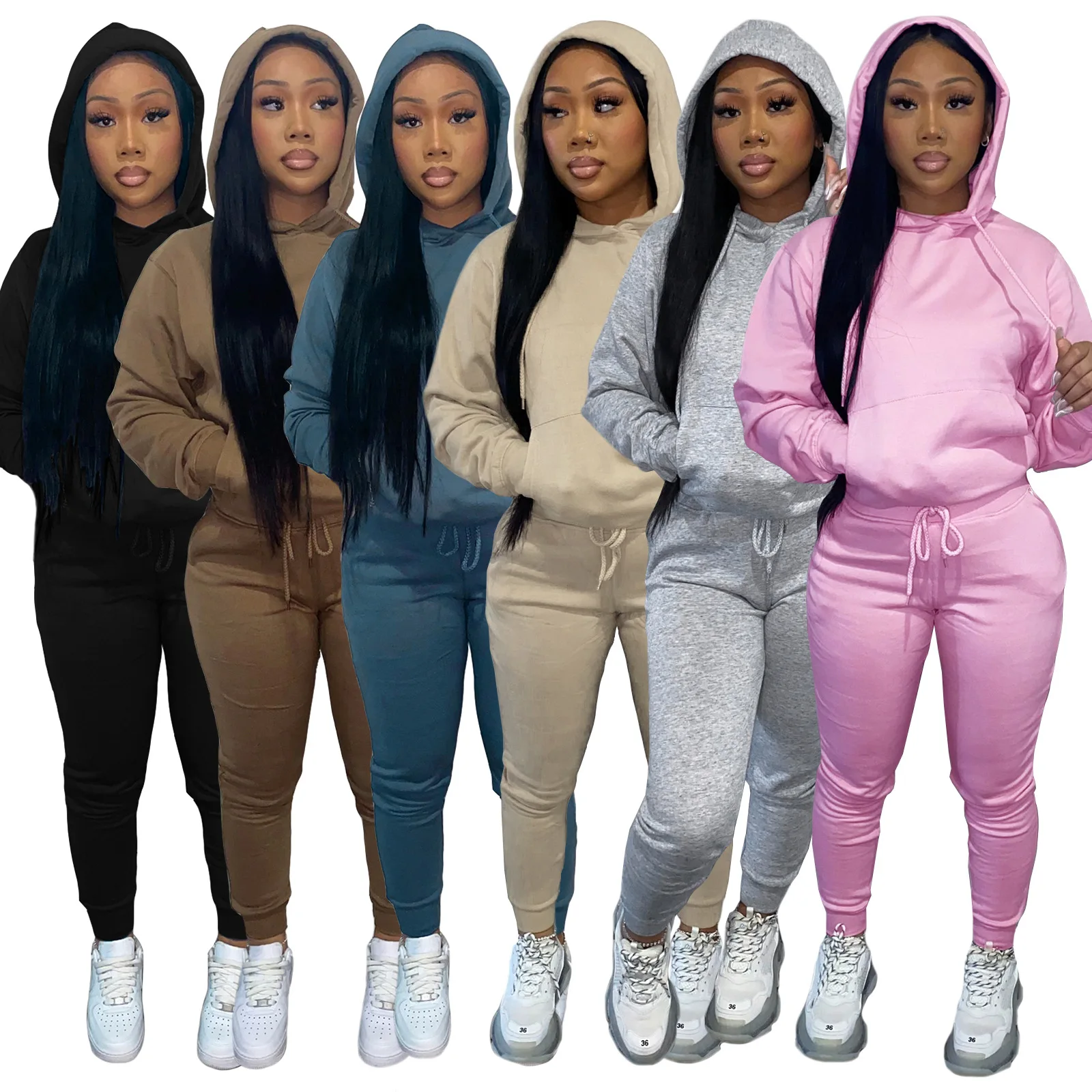 Thicken Fleece Hoodie Two-piece Set Women Solid Hoodie +Sexy Stacked Sweatpants Sports Jogger Suit Bulk Item In Wholesale Lots