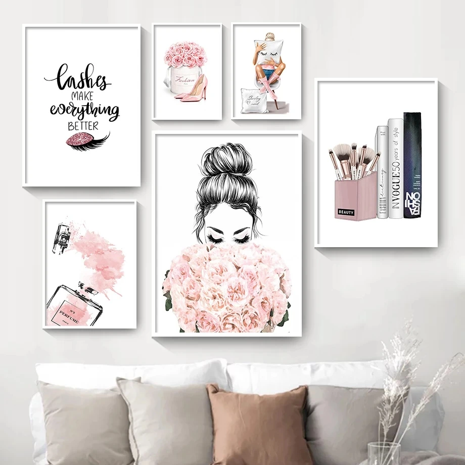 Nordic Pink Wall Art Canvas Painting Poster Perfume Books Lashes Black Lips Women Poster Print Picture Modern Salon Beauty Decor