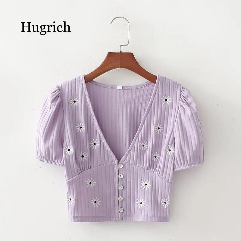 Hot Style Little Daisy Embroidery Short Sleeve T-Shirt Female Ins Women's Summer Wear Sexy Purple V