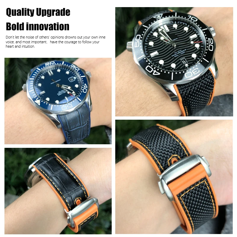 19mm 20mm 21mm 22mm Rubber Nylon Silicone Watch Band Fit for Omega GMT Planet Ocean Seamaster Diver 300 Curved End Orange Strap