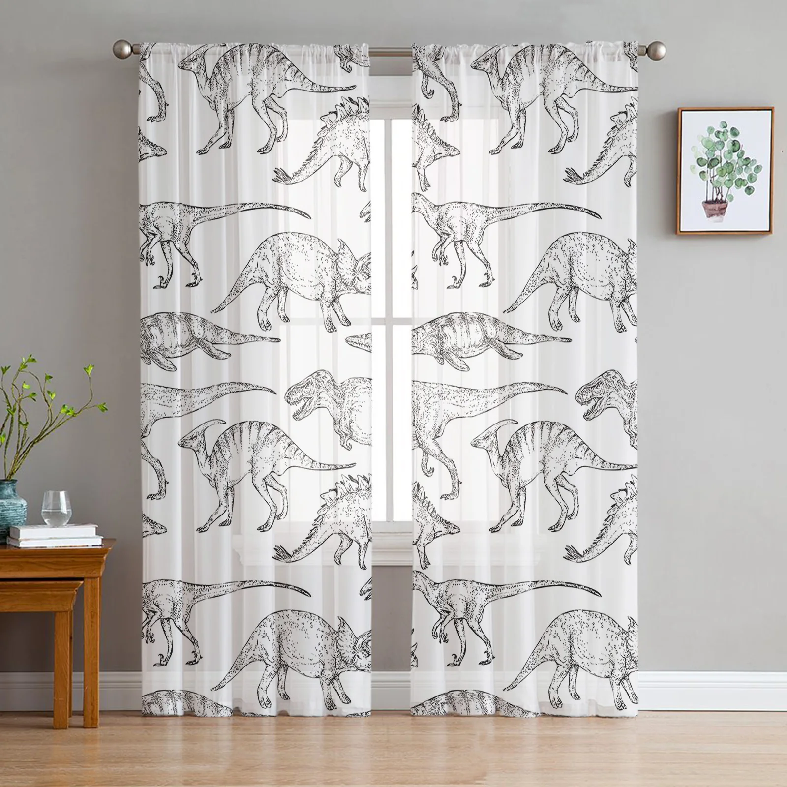 

Hand Draw Dinosaur White Tulle Window Curtain for Living Room Modern Sheer Curtain for Bedroom Kitchen Drapes Custom