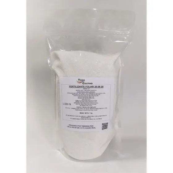 25-08-20 foliar fertilizer with magnesium and boron, 1 Kg container, covers the nutritional needs of olive, although highly recommended for other crops such as citrus, cascara fruit and Woody