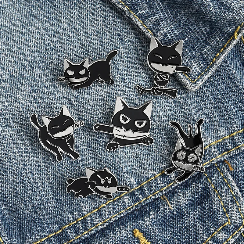 Black Cat Hanging Upside Down on The Tree Enamel Pins Kitten Knife Badge for Lapel Pin Brooches Jewelry Gifts Friend Wholesale