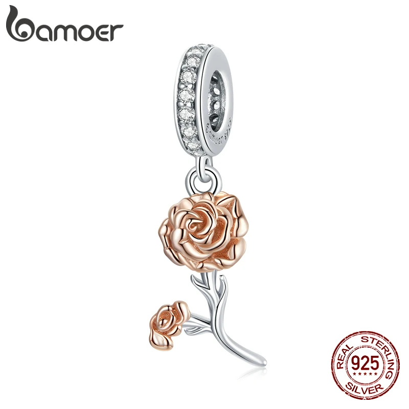 bamoer 925 Sterling Silver Rose Gold Carnation Pendant CZ Flower Charm for Original Bracelet Bangle Mother's Day Gift BSC422