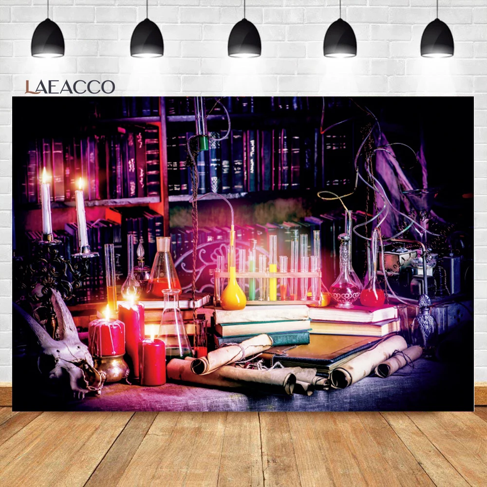 Laeacco Chemistry Laboratory Photo Background Spooky Witch's Room Glass Bottles Black Magic Lab Kids Adults Photography Backdrop