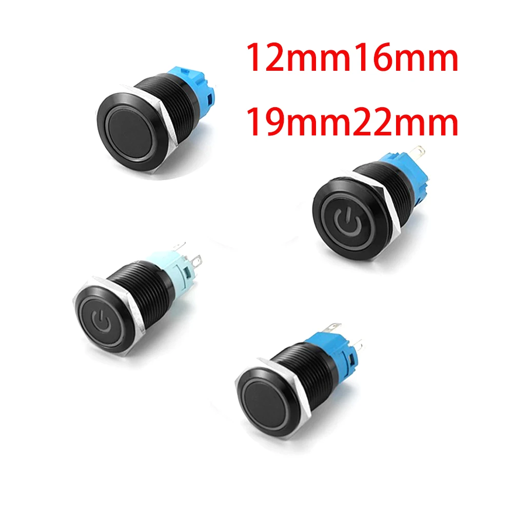 Черный кнопочный переключатель 12/16/19/22 мм, водонепроницаемые металлические плоские мгновенные переключатели со светодиодной подсветкой и знаком питания 5 В 12 В 24 В